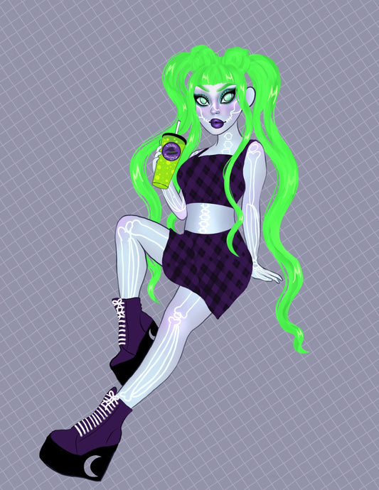 Green skull girl print