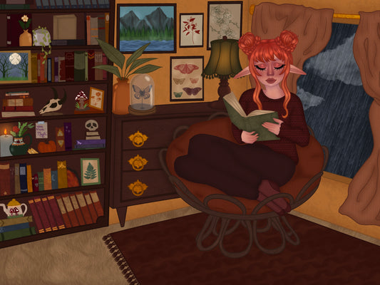 Cozy library elf print